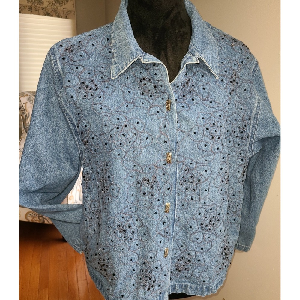 Tantrums Embroidered & Sparkle Deco Denim Jacket Shirt-M 100% breathable cotton!
